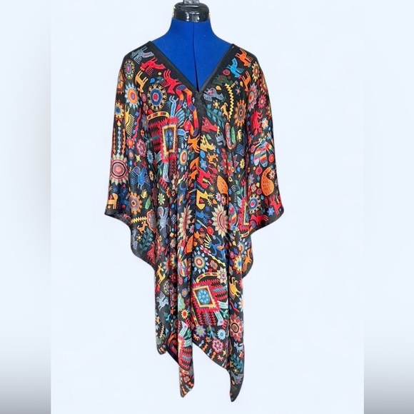 Pineda Covalin Mexico 100% Silk Poncho Huipil Huichol Spirit Pattern Black OS